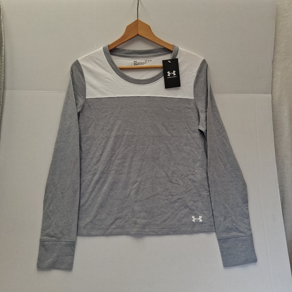 NEW Under Armour Women's‎  Loose Long-Sleeve Grey & White  T-Shirt Size MEDIUM